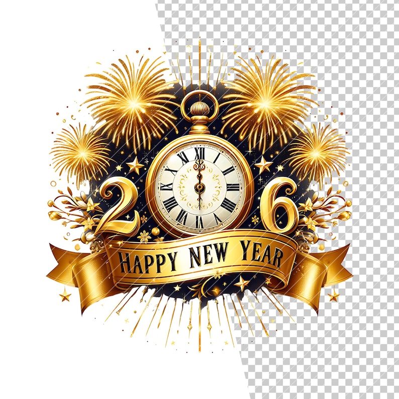 May include: A gold and black New Year's graphic with a pocket watch, fireworks, and the numbers 2 and 6. A gold ribbon displays the text "HAPPY NEW YEAR". Stars and floral accents complete the design.