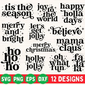 Könnte beinhalten: Eine Sammlung von 12 weihnachtlichen Designs in schwarzem Text, darunter Sätze wie „Tis the Season“ und „Merry Christmas“. Jedes Design ist von kleinen Sternen umgeben. Der untere Teil des Bildes zeigt Dateityp-Symbole und den Text „12 DESIGNS“.