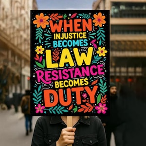 Puede incluir: Un cartel de protesta con las palabras "WHEN INJUSTICE BECOMES LAW RESISTANCE BECOMES DUTY" en letras coloridas. El cartel es sostenido por una persona con una chaqueta negra, con una calle borrosa en el fondo.