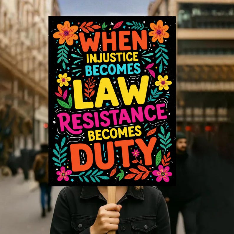 May include: A sign with the text "WHEN INJUSTICE BECOMES LAW RESISTANCE BECOMES DUTY" in vibrant colours. The sign is held by a person in a black jacket, with a blurred street scene in the background.