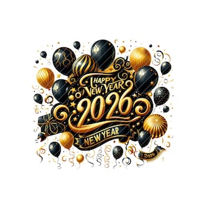 May include: A festive New Year's design with the text "Happy New Year 2026". The design features black and gold balloons, ribbons, and confetti. The text is in a decorative, elegant font, with a black background.