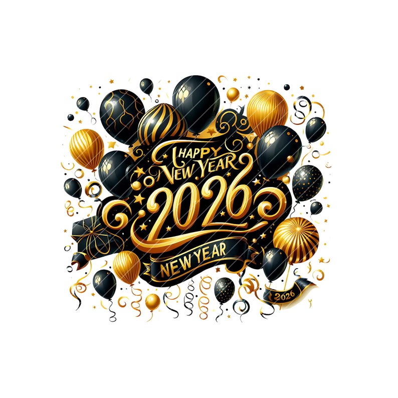 May include: A festive New Year's design with the text "Happy New Year 2026". The design features black and gold balloons, ribbons, and confetti. The text is in a decorative, elegant font, with a black background.