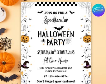 Spooky Halloween Party Invitation, Digital Halloween Party Invite, Spooky Ghost Party Trick Or Treat Template, Editable Canva Template