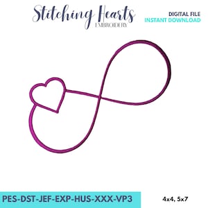 Può includere: Un design di ricamo digitale con un cuore collegato a un simbolo di infinito, in un colore magenta intenso. Il design include il testo "Stitching Hearts EMBROIDERY" e "DIGITAL FILE INSTANT DOWNLOAD". Il design è disponibile nelle dimensioni di 10.16 x 10.16 cm e 12.7 x 17.78 cm.