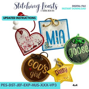 Diseño de bordado de etiqueta de bolsa con purpurina: redonda, estrella, corazón, cuadrada (4x4) ACTUALIZADO