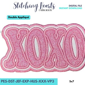 May include: Pink glittery XOXO embroidery design with white and pink outline, perfect for apparel or crafts. The design is labeled as a digital file for instant download. The size is 5x7 inches.