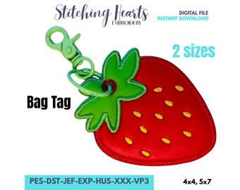 Strawberry Bag Tag, Tutti Frutti Applique Design, Purse Tag, Fruit Embroidery 3D Design, Digital Download