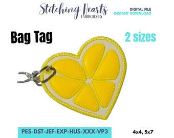Lemon Heart Embroidery Bag Tag: Summer Fruit Travel Accessory (4x4 Hoop, Digital File)