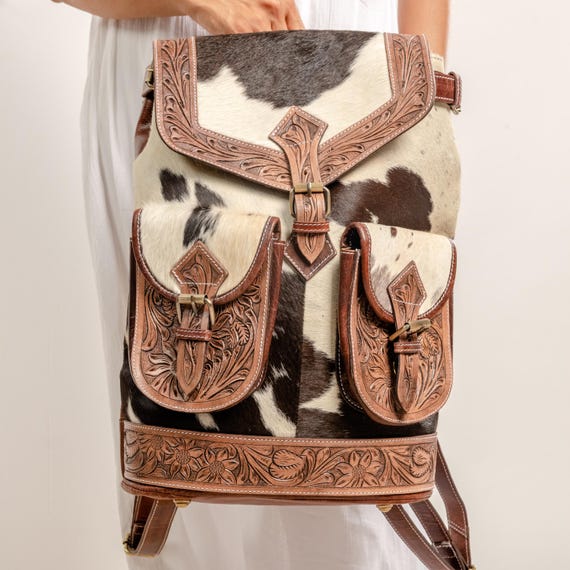 Cowhide Backpack with Floral Leather Accent Cowhide Diaper Bag - Etsy main image 3