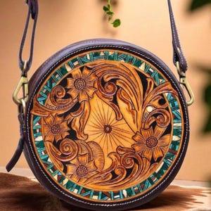 Tooled Round bag, Hand tooled Leather Crossbody Bag, Turquoise, Sling Bag, Floral Leather Purse, Bohemian, Hippie Bag, Gift for Her