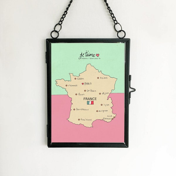 I Love You in France // French Map, Printable Download Poster, Modern Baby Girl Pink Nursery Decor, European Travel Theme, Digital Print