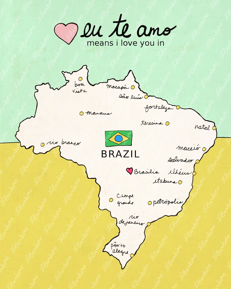 I Love You in Brazil // Printable Download, Digital Print, Travel Nursery Art, Map, Chart, Children Decor, Romantic Poster, Digital, Giclee imagem 4