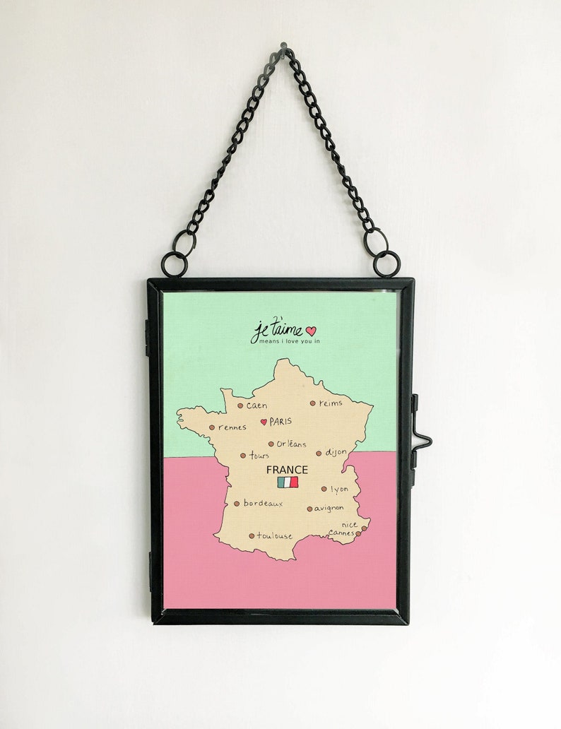 I Love You in France // French Map, Printable Download Poster, Modern Baby Girl Pink Nursery Decor, European Travel Theme, Digital Print image 1