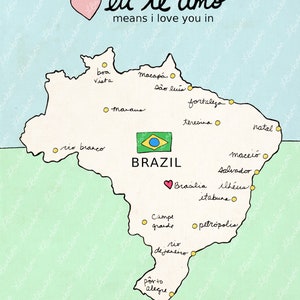 I Love You in Brazil // Printable Download, Digital Print, Travel Nursery Art, Map, Chart, Children Decor, Romantic Poster, Digital, Giclee imagem 7