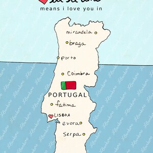 I Love You in Portugal Druckbare Kunst Poster, Portugiesische Karte, Moderne Baby Kinderzimmer Dekor, Europäische Karte, Reise Thema, Digital Bild 3