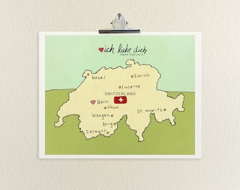 I Love You in Switzerland // Printable Download, Digital Print, Swiss Map, Modern Baby Nursery, Illustration, European Travel Theme Wall Art