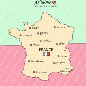 I Love You in France // French Map, Printable Download Poster, Modern Baby Girl Pink Nursery Decor, European Travel Theme, Digital Print image 2