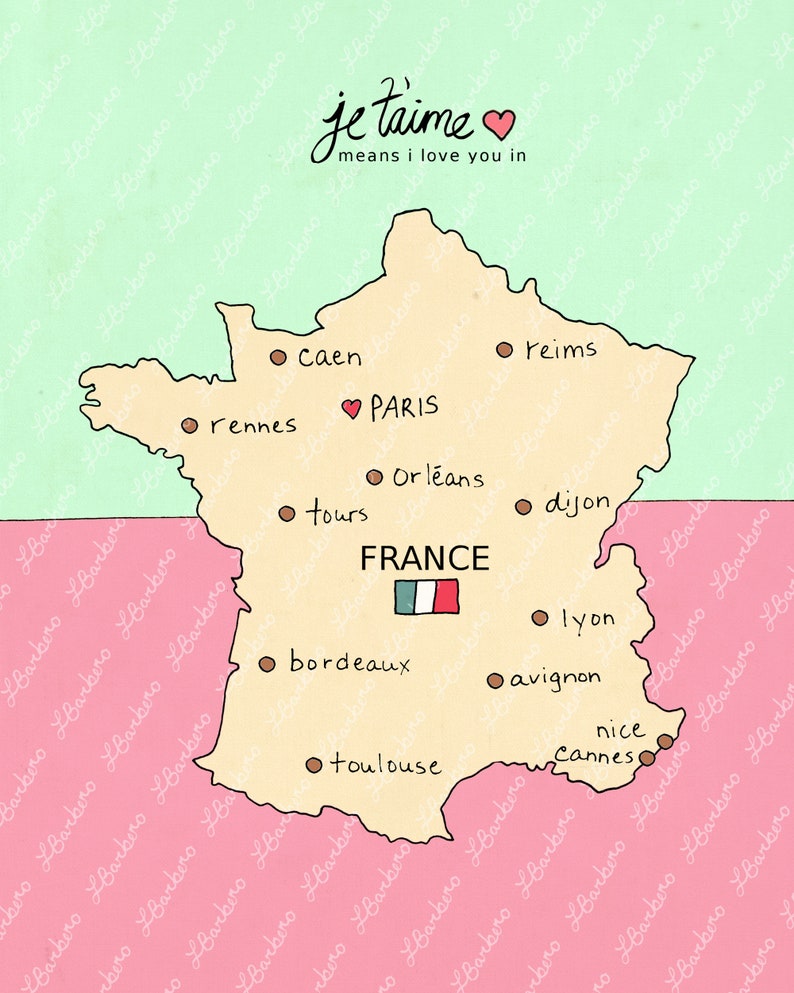 I Love You in France // French Map, Printable Download Poster, Modern Baby Girl Pink Nursery Decor, European Travel Theme, Digital Print image 2