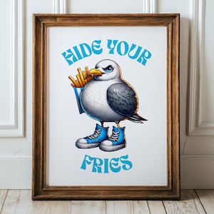 Póster de gaviota, arte de casa de playa, arte mural playero, arte mural de verano, decoración de casa de lago, póster divertido de papas fritas con estampado playero, arte playero divertido