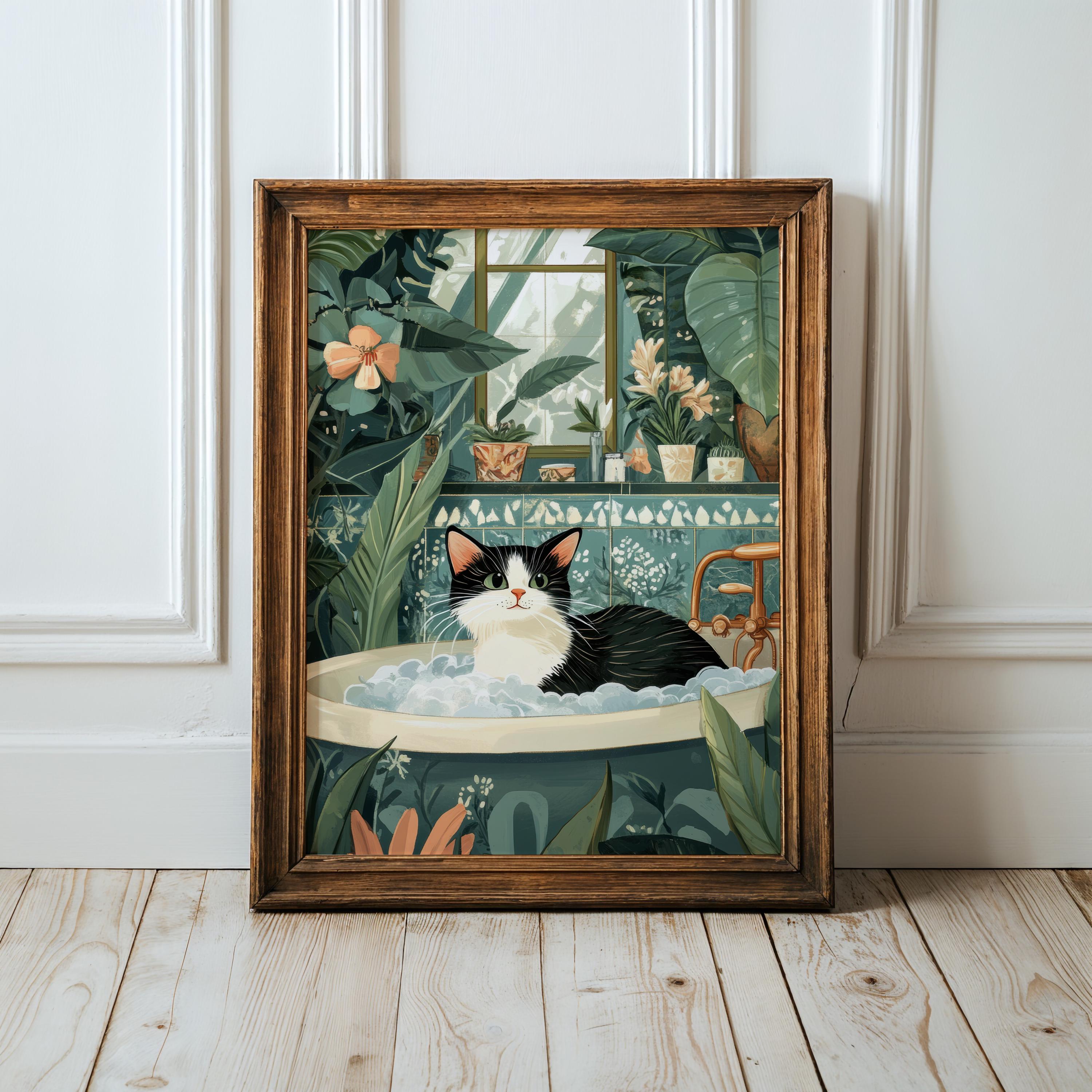Cat in Bathtub Funny Cat Bathroom Art, Japanese Cat Bathroom Wall Art Decor, Cat Lover Gift, Japanese Cat Print, Cat Bathroom Art