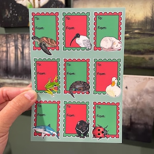 May include: A sheet of stickers with a green background and red frames. Each sticker features a different animal illustration, including a turtle, ibis, cat, frog, turtle, duck, shark, Tasmanian devil, and ladybug. The stickers have the text "To:" and "From:" printed on them.