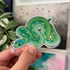 May include: A green snake sticker with a white border. The snake is a vibrant green with lighter green and white accents. The snake's tongue is sticking out. The sticker is held by a hand. Text on the sticker reads "JAS PEARSON ARTIST."
