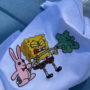 Angry Spongebob Embroidery T-Shirt – Dark Humor Cartoon Tee – Custom Machine Embroidery