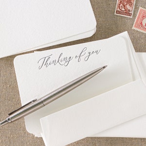 Set of 10 letterpress ‘Thinking of you’ cards || Small size - Flat - White paper - matching Envelopes