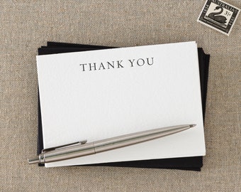 Set of 10 letterpress thank you cards || Small size - Flat - White paper - with Black envelopes