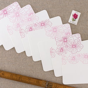 Set of 8 letterpress pink floral note cards || Small size - Flat - White paper