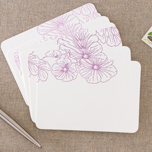 Set of 8 letterpress purple floral note cards || Small size - Flat - White paper