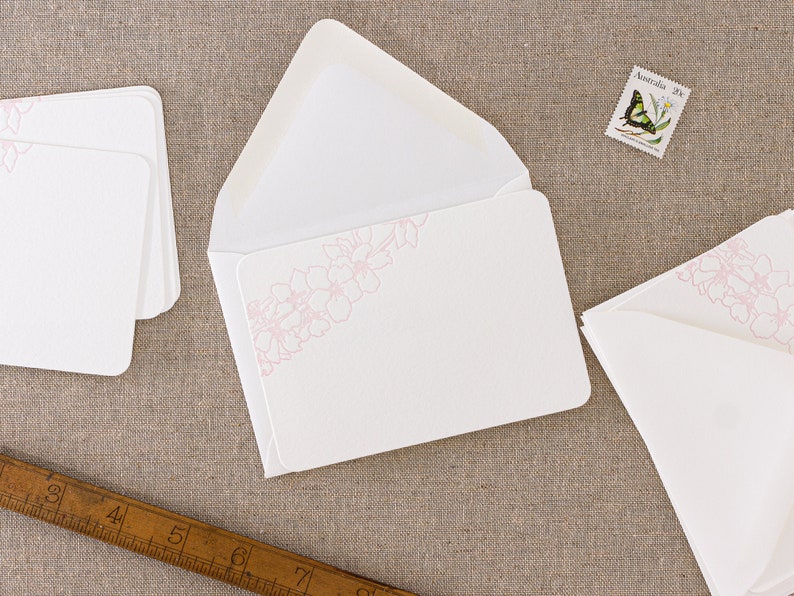 Set of 10 letterpress blossom note cards Small size Flat White paper matching Envelopes image 2