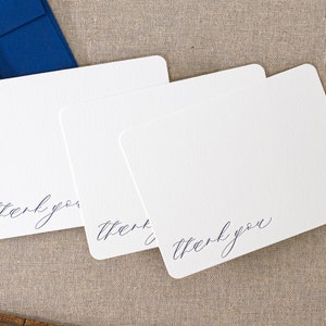 Set of 10 letterpress Thank you cards || Medium size - Flat - White paper - blue Envelopes