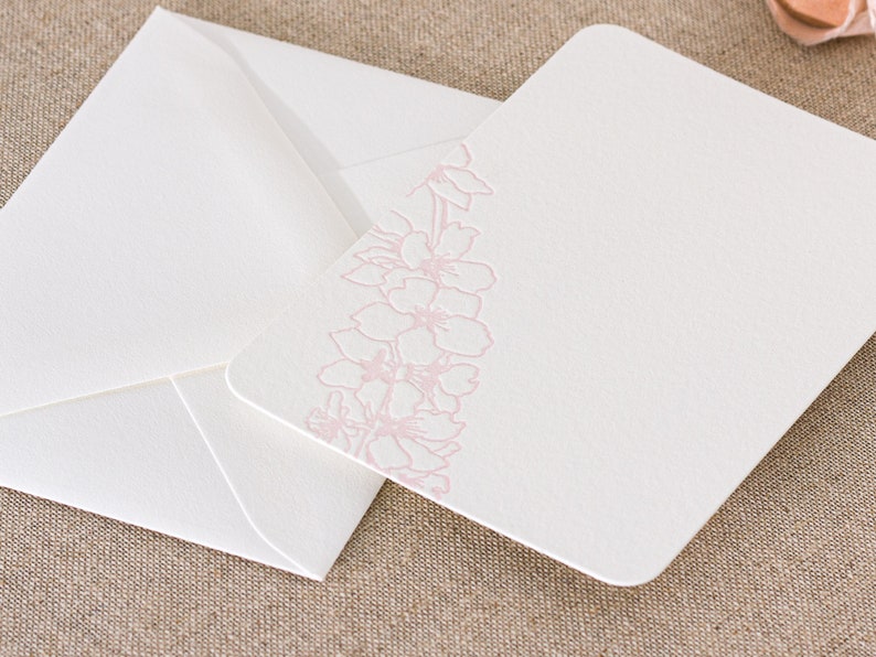 Set of 10 letterpress blossom note cards Small size Flat White paper matching Envelopes image 6