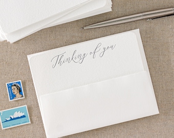 Set of 10 Letterpress 'Thinking of you' cards || Medium size - Flat - White paper - matching envelopes