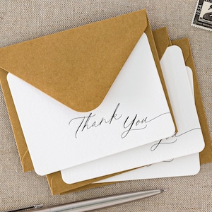 10 mini letterpress Thank you cards with envelopes | 75 x 100mm, Black ink on bright white paper with Kraft envelopes