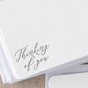 Set of 10 letterpress ‘Thinking of you’ cards || Small size - Flat - White paper - lilac Envelopes