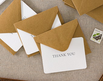 10 mini letterpress Thank you cards with envelopes | 75 x 100mm, Slate ink on bright white paper with Kraft envelopes