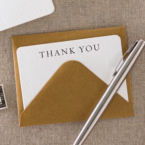 10 mini letterpress Thank you cards with envelopes | 75 x 100mm, Black ink on bright white paper with Kraft envelopes