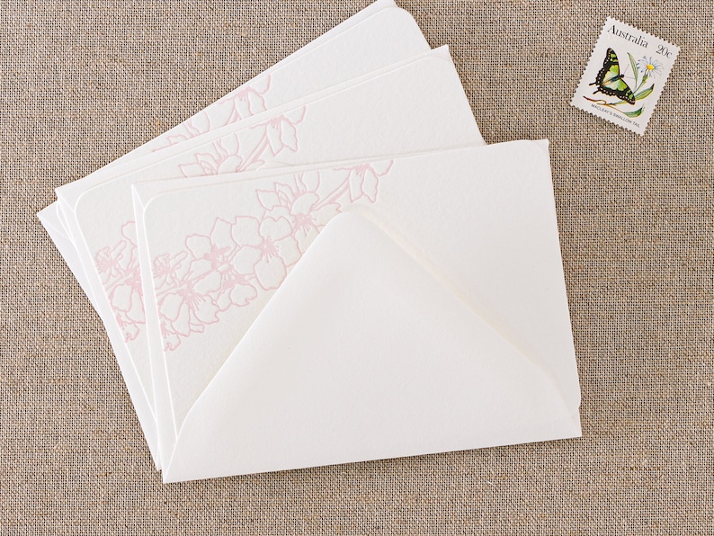 Set of 10 letterpress blossom note cards Small size Flat White paper matching Envelopes image 4