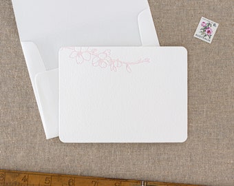 Set of 10 blossom letterpress note cards || Medium size - Flat - White paper - matching Envelopes