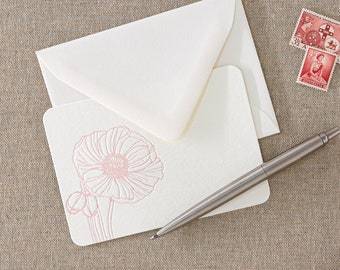 Set of 10 poppy letterpress note, gift or thank you cards || Small size - Flat - Ivory paper - matching Envelopes