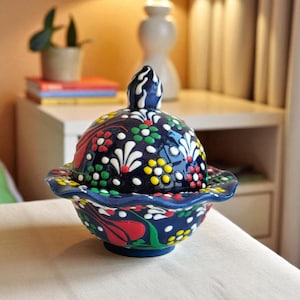 Hand-Painted Turkish Ceramic Sugar Bowl with Lid: Kitchen Decor
