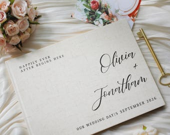 Personalized Linen Wedding Guest Book: Modern Photo Album Scrapbook