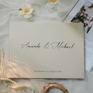 Libro de firmas de boda de lino: Álbum de fotos moderno de tapa dura, recuerdo personalizado