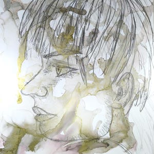 Echo in Seppia – Alkoholtinten Portrait mit Gold – Original abstrakte Wandkunst – Moderne Tuschemalerei