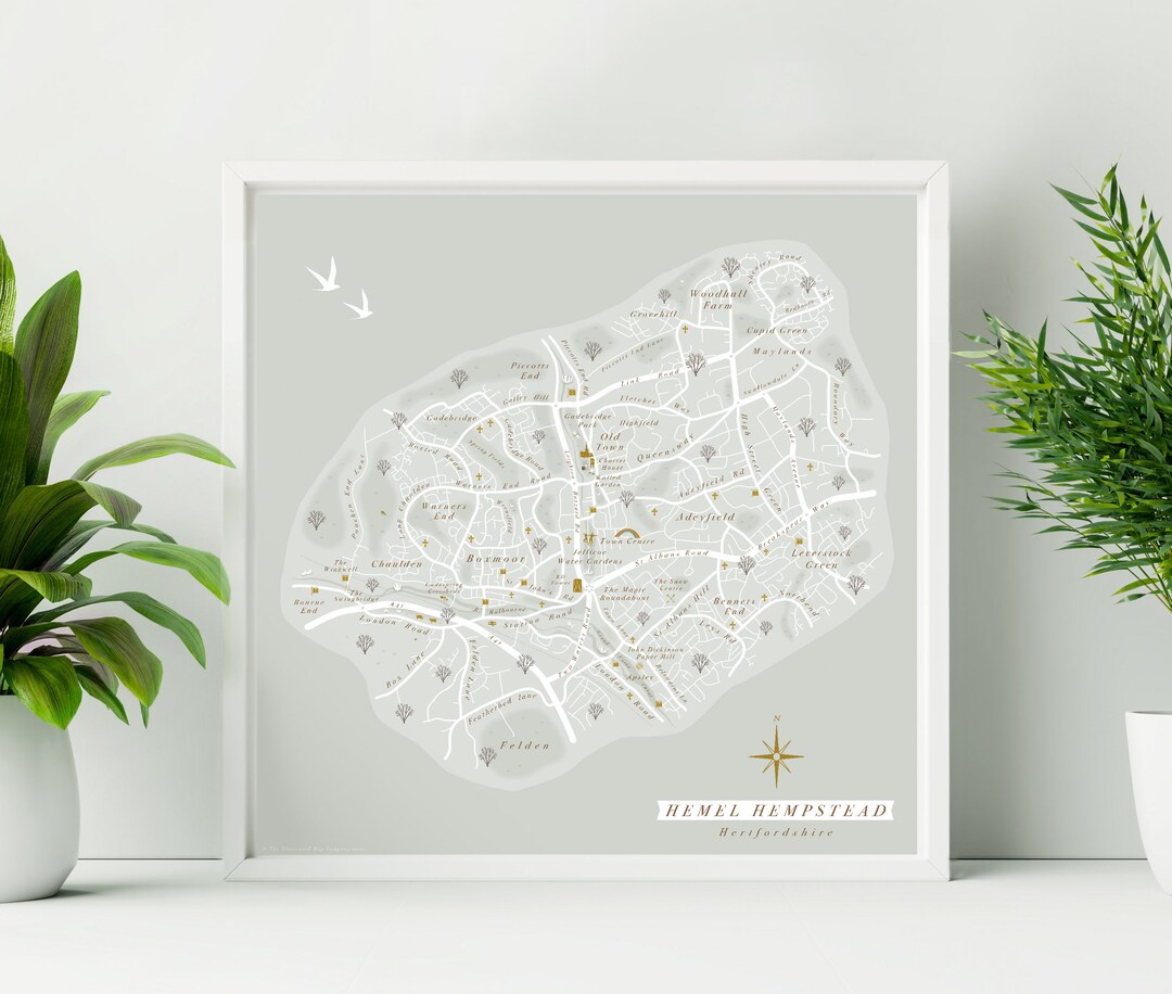 Framed Hemel Hempstead Print. Hemel Hempstead Illustrated Map. Hemel