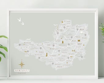 Gerahmter Somerset Kartendruck. Somerset Wandkarte. Somerset Karte Poster. Mid Century Kunst. Somerset illustrierte Landkarte.