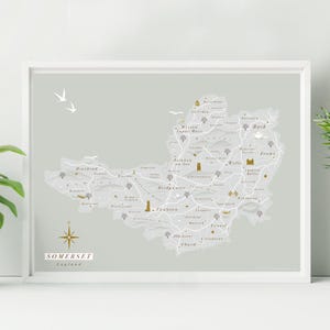 Stampa mappa Somerset senza cornice. Mappa murale di Somerset. Mappa illustrata di Somerset. Arte di Somerset. Poster di Somerset.