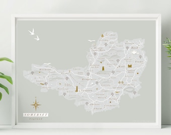 Unframed Somerset Map Print. Wall Map of Somerset. Somerset Illustrated Map. Somerset Art. Somerset Poster.